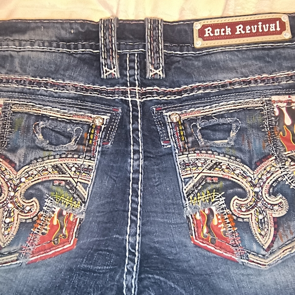 Rock Revival Blue Denim Jeans with Red Flame & Patch Accents - Picture 6 of 6